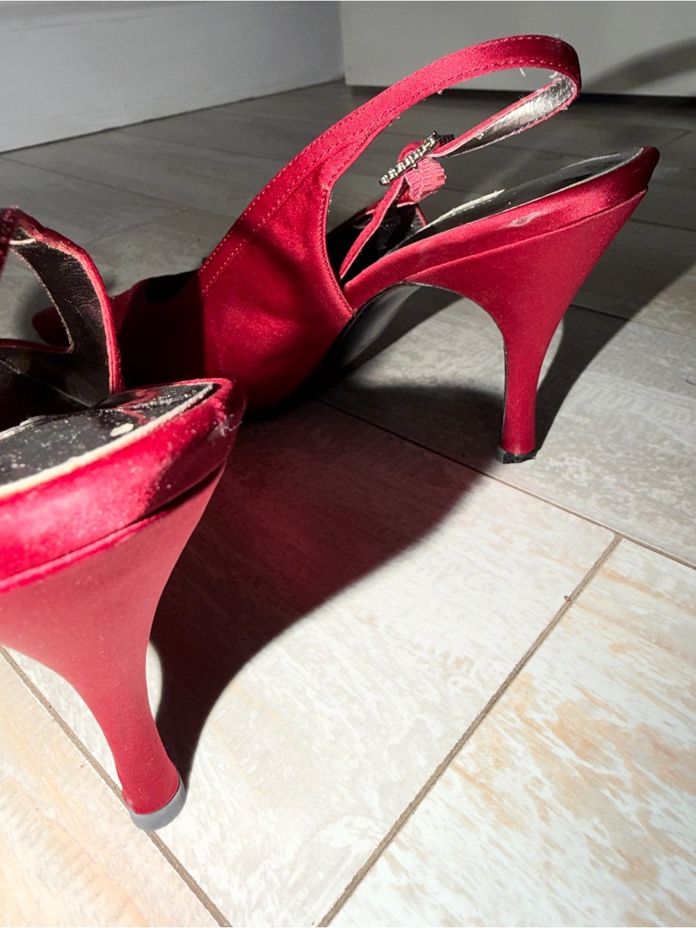 Nine West Crimson Satin Slingback Pumps with Rhinestone Buckles - Picture 3 of 5